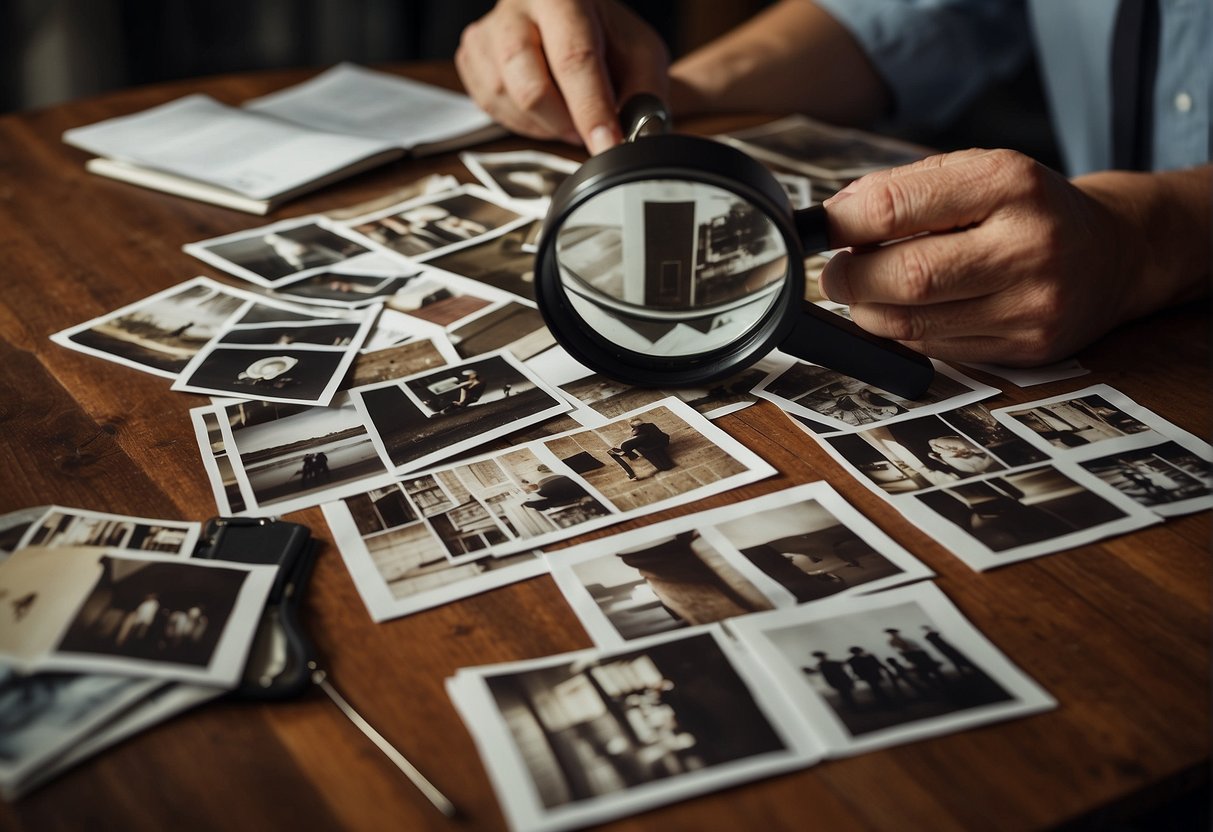 A table with various photos spread out, a person examining them with a magnifying glass, a blank canvas in the background