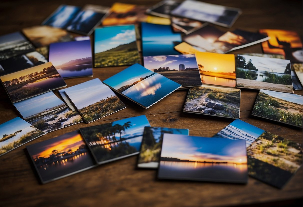 A variety of photos lay scattered on a table, each showcasing different customization options for a custom painting. The photos display various subjects, styles, and color schemes, providing a guide for choosing the perfect image