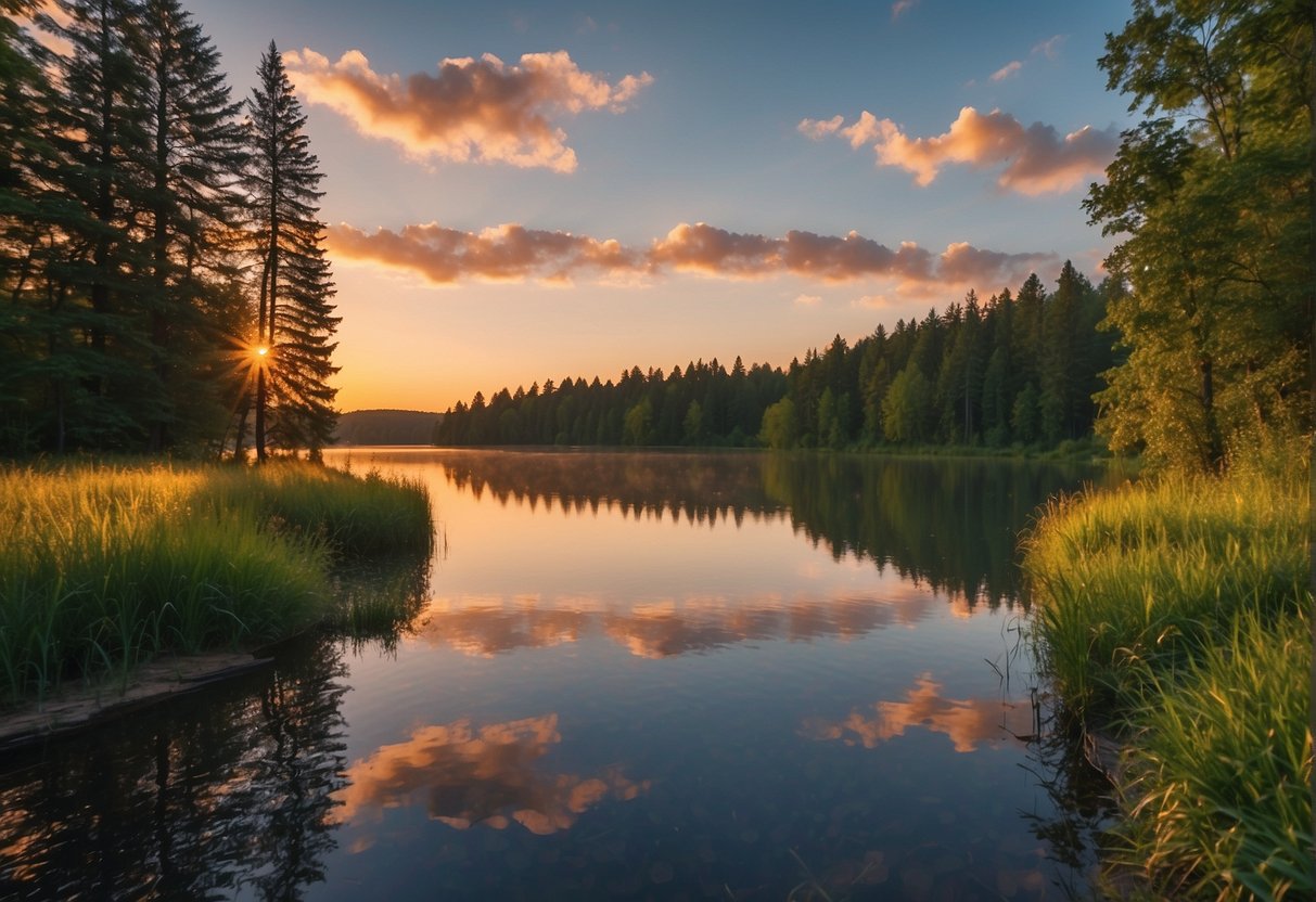 A serene landscape with vibrant colors and clear focal points, such as a calm lake surrounded by lush greenery and a colorful sky at sunset