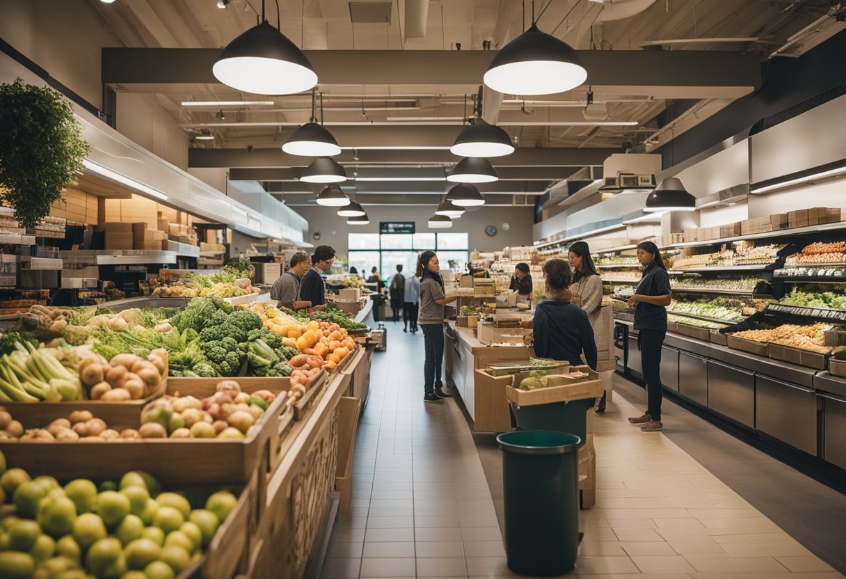 A bustling zero waste grocery store with diverse customers and staff, engaging in educational workshops and community events