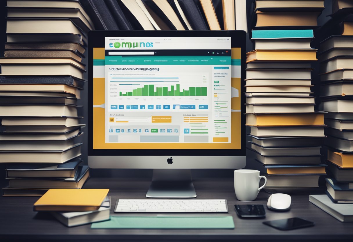 A computer screen displays top search engine rankings, surrounded by books on SEO and marketing strategies