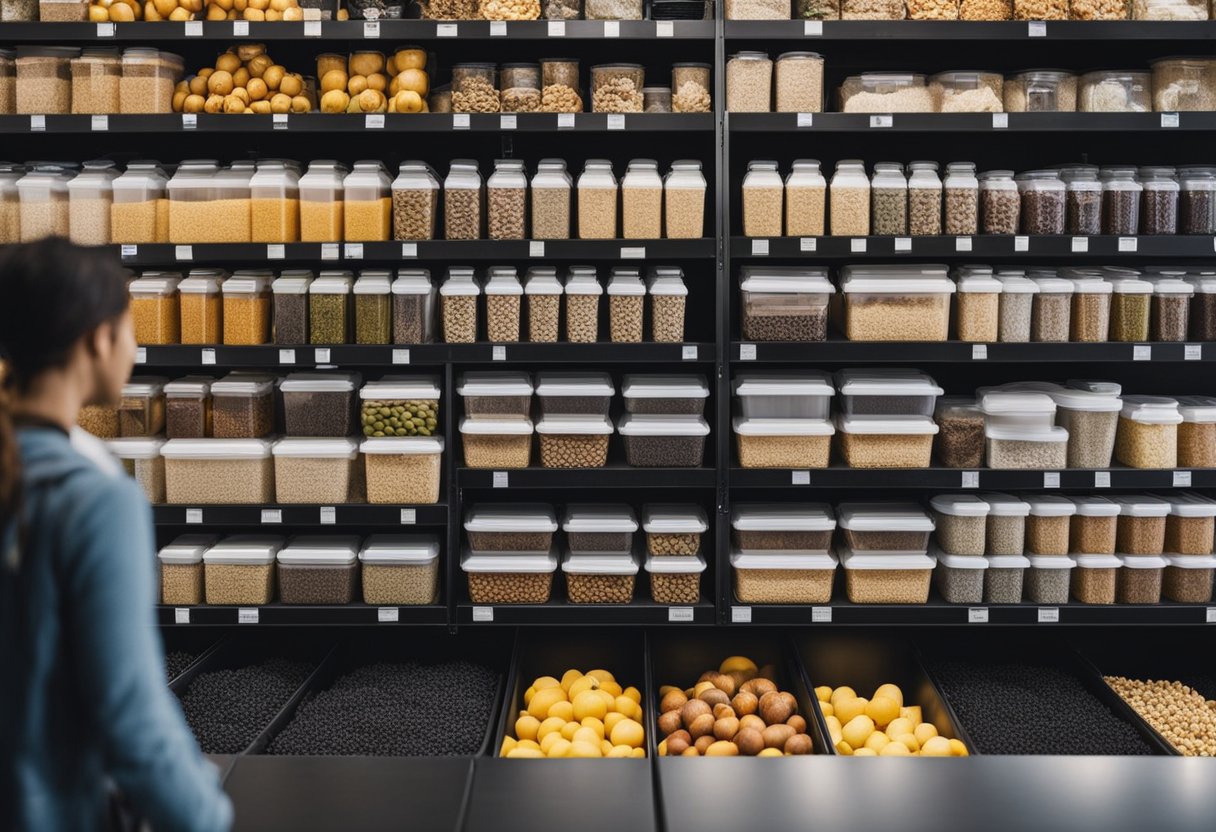 Customers browsing bulk bins, filling reusable containers. Staff assisting with product selection. Zero waste signage and eco-friendly packaging on display