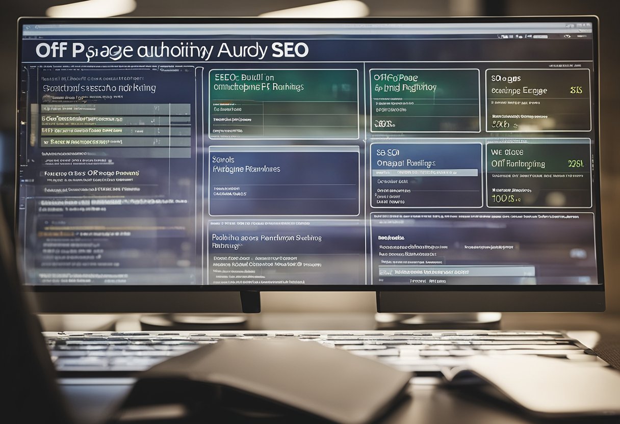 A computer screen displays a webpage titled "Off-Page SEO and Building Authority Mastering SEO in Marketing: Strategies for Top Search Engine Rankings." A graph shows an upward trend in search engine rankings