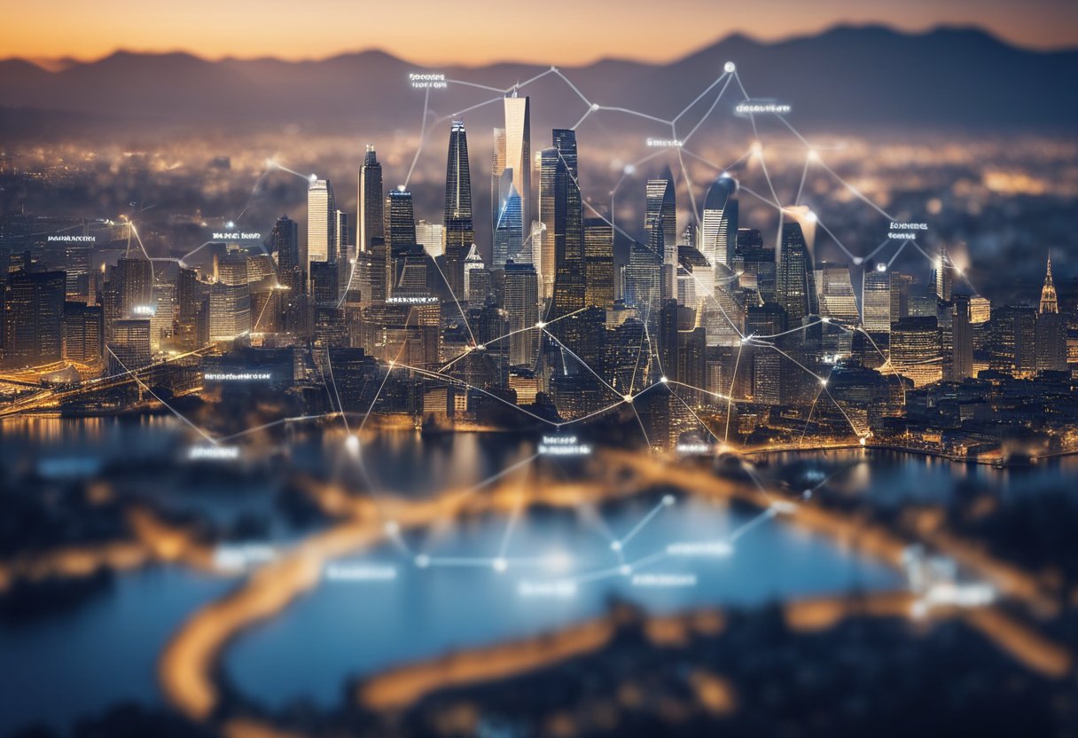 A city skyline with prominent landmarks, surrounded by a map with highlighted local areas. A computer screen displaying search engine rankings and SEO strategies