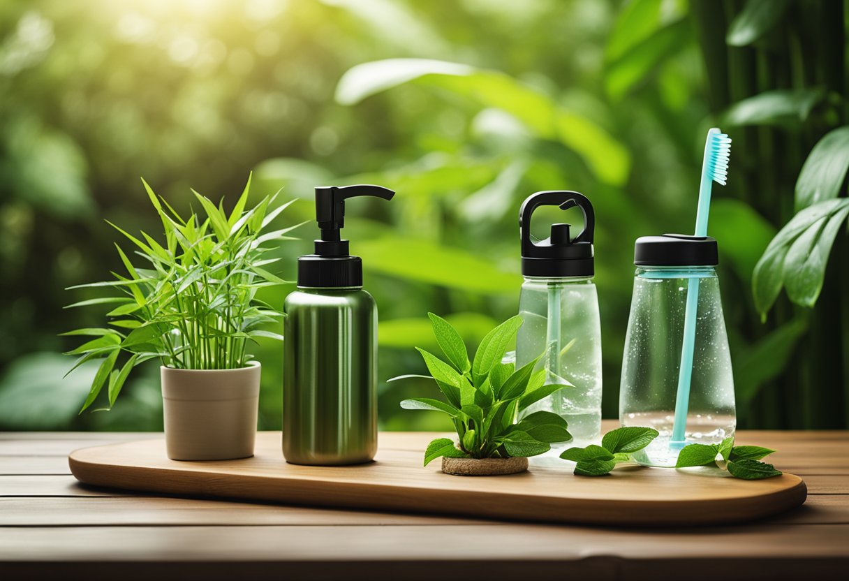 A bamboo toothbrush, metal straw, and reusable water bottle sit on a wooden table, surrounded by vibrant green plants