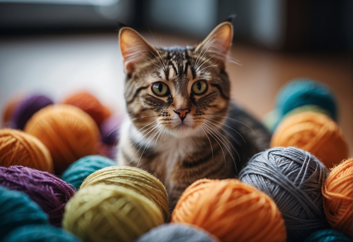 A cat bats at a colorful ball of yarn, paws outstretched in playful curiosity