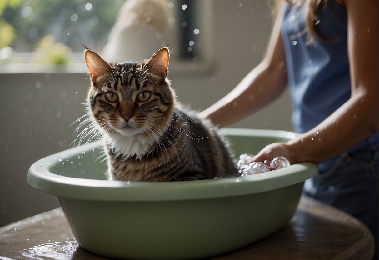 A cat being bathed in a tub with soapy water and vinegar solution, while someone holds its collar to prevent escape
