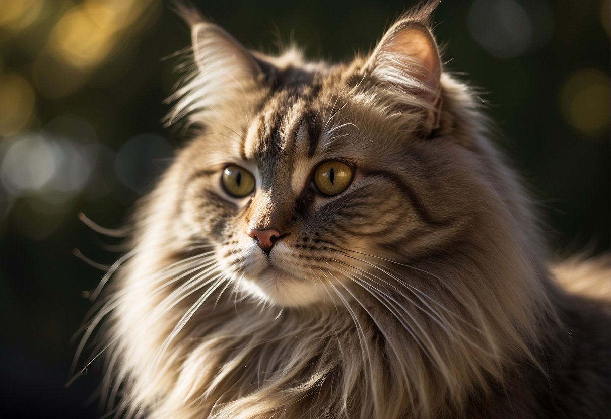 A fluffy cat sits in sunlight, its fur appearing thick and plush. The coat is full and dense, with a soft undercoat visible beneath the longer guard hairs