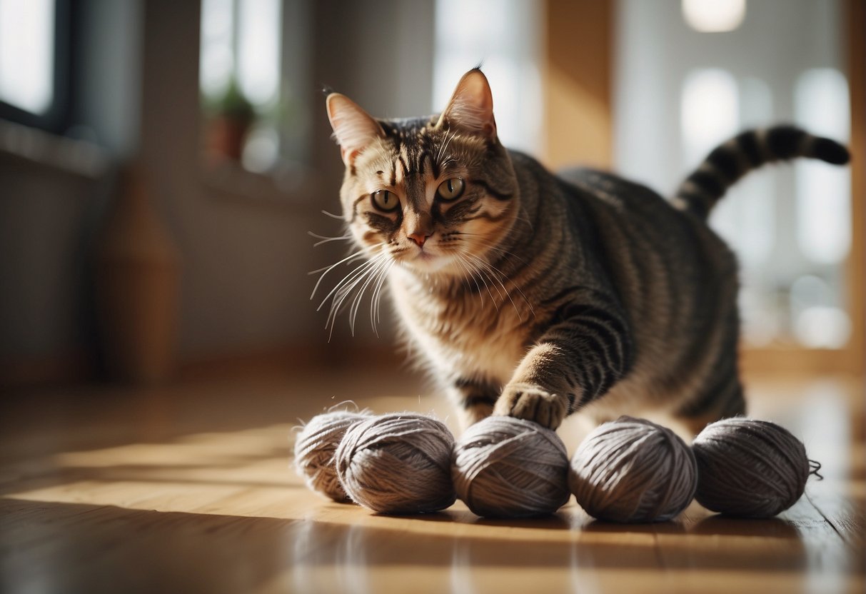 A cat pounces on a ball of yarn, batting it with its paws and chasing it around the room