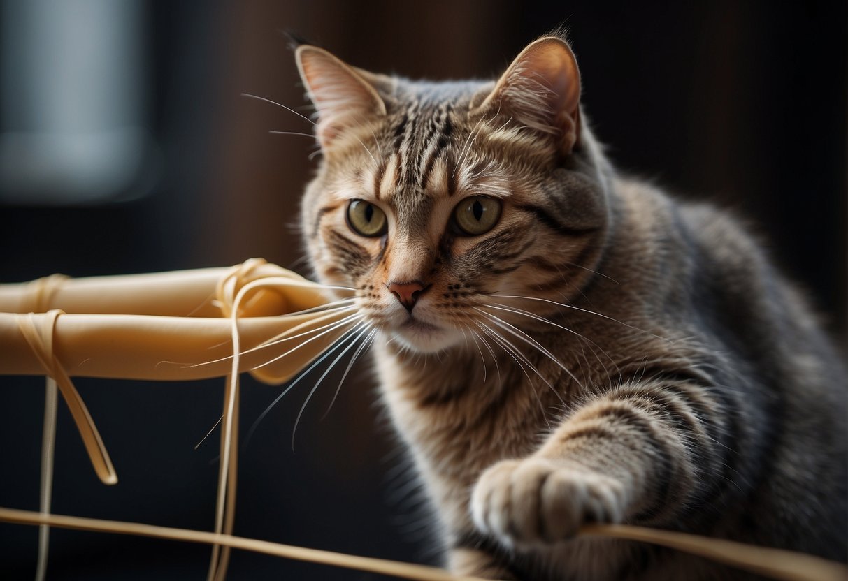 A curious cat paws at a stretched rubber band, eyes fixated on the elastic toy's movement