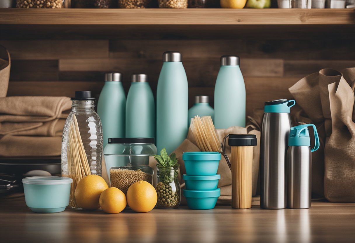 Household items: metal straws, bamboo toothbrush, glass food containers, cloth grocery bags, reusable water bottles, beeswax wraps, silicone food storage bags for single-use plastic alternatives