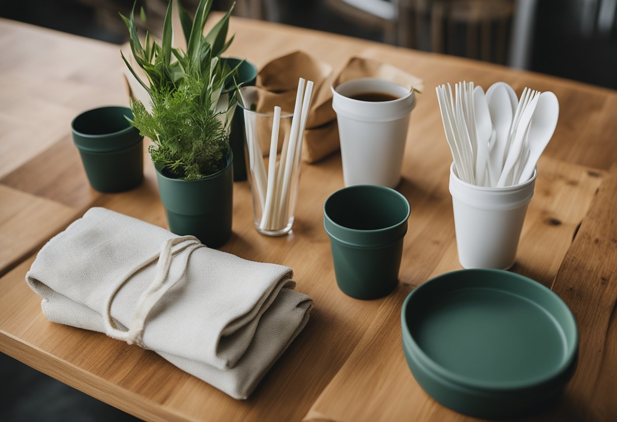 A variety of eco-friendly single-use plastic alternatives, such as bamboo utensils, metal straws, and reusable cloth bags, displayed on a table