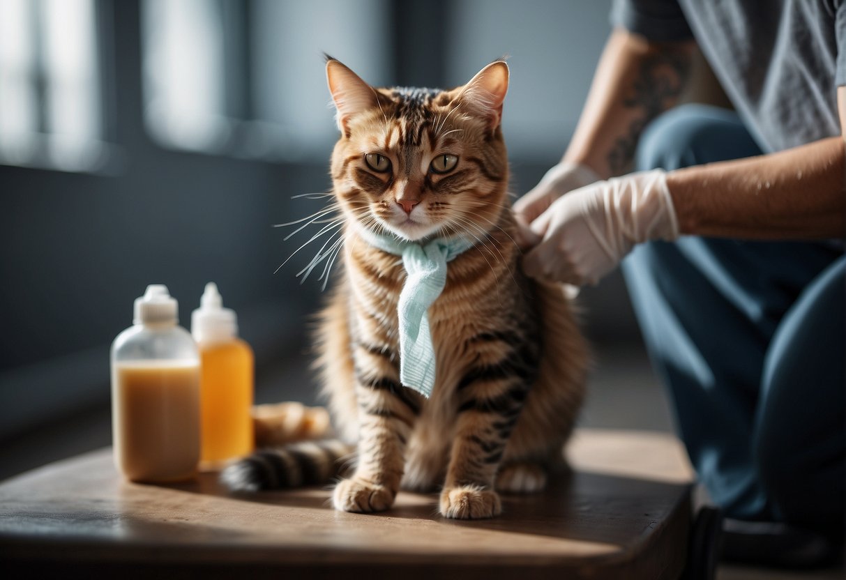 A cat with a bandaged wound on its leg, sitting calmly as someone gently cleans the wound with antiseptic and applies a fresh bandage