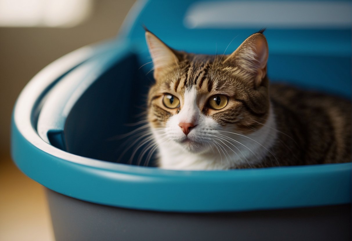 A cat straining in the litter box, small or hard stools, frequent unsuccessful attempts to defecate, and discomfort when being touched around the abdomen