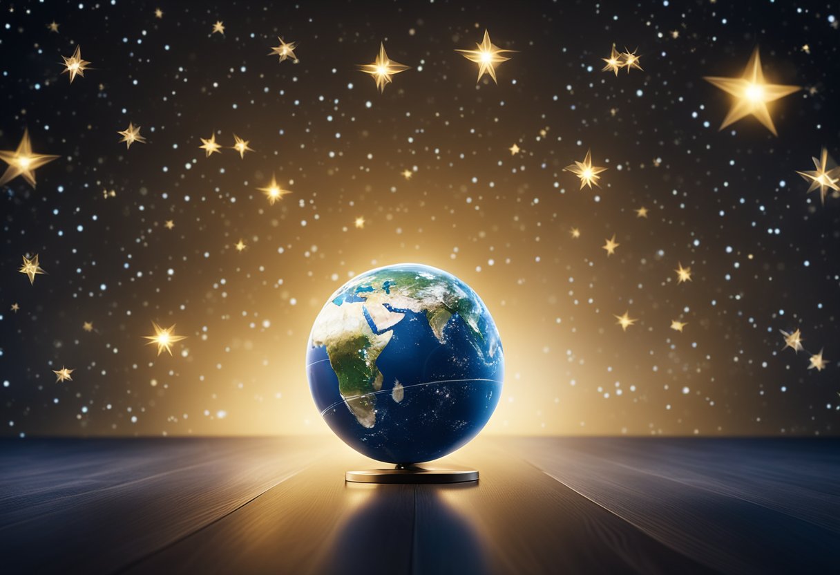 A bright star shining above a globe, surrounded by smaller stars