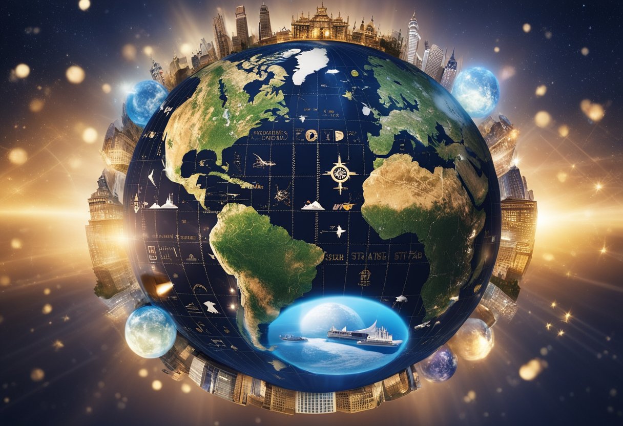 A globe surrounded by diverse cultural symbols and landmarks, with the words "World Star" shining brightly in the center