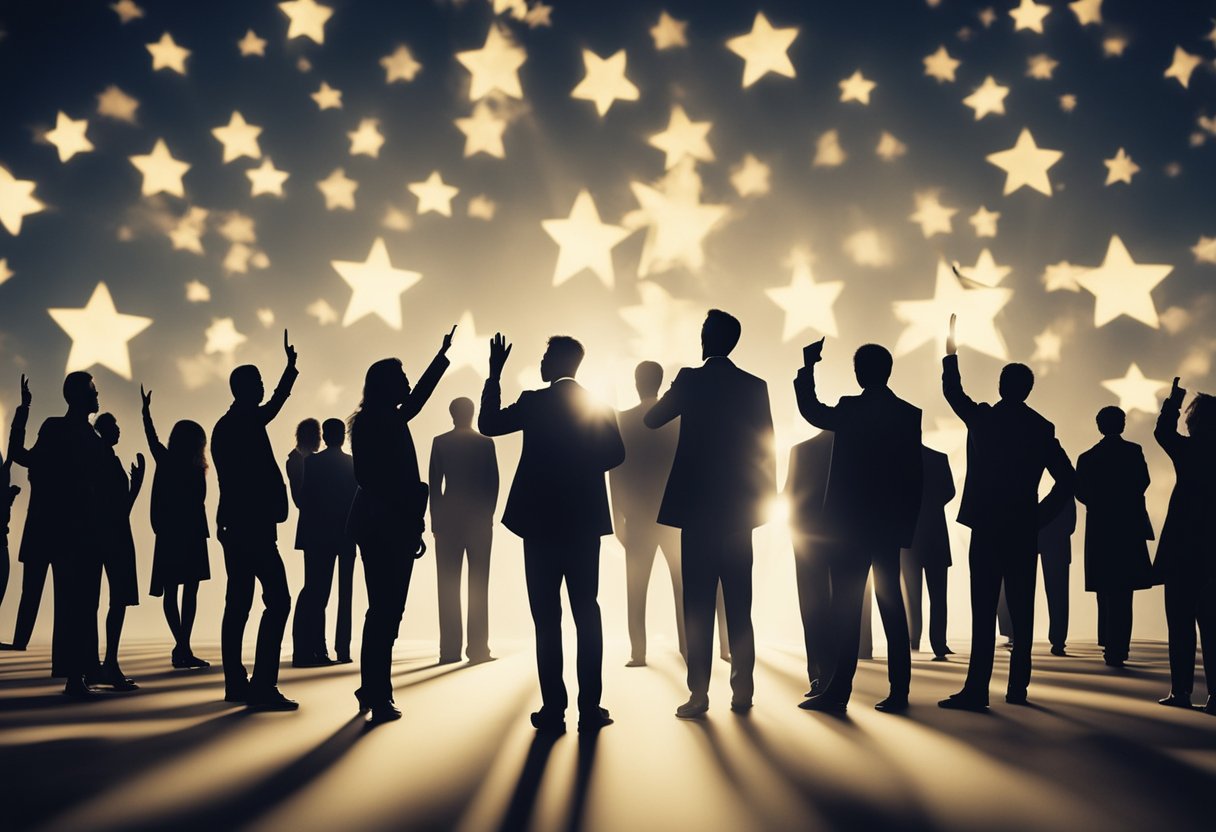 A crowd debates and points at a glowing star. Some shake their heads, others raise their voices