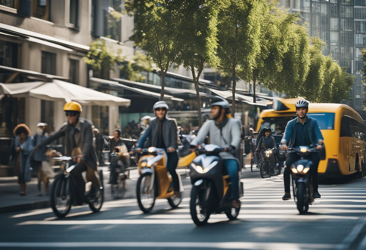 A bustling city street with people using eco-friendly transportation like bicycles and electric scooters, while solar panels and wind turbines power nearby buildings