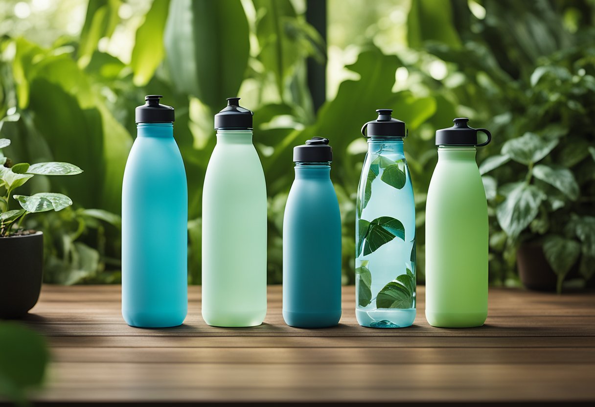 A variety of reusable water bottles in different sizes and colors arranged on a wooden table with a background of green plants and natural lighting