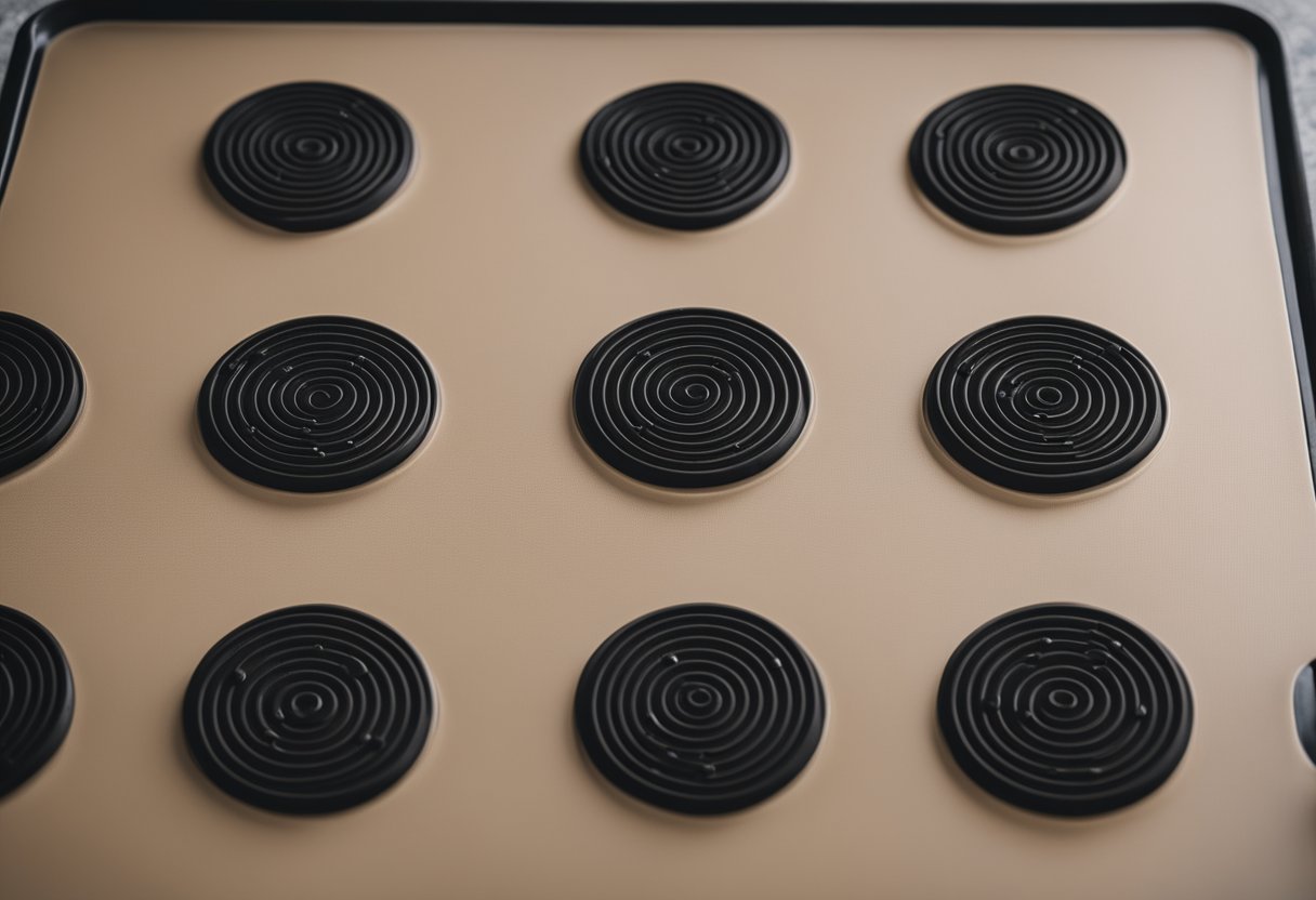 A silicone baking mat lies flat on a baking sheet, with cookies baking in the oven behind it. The mat is smooth and slightly translucent, with a pattern of raised circles for even baking. Embracing sustainable alternatives