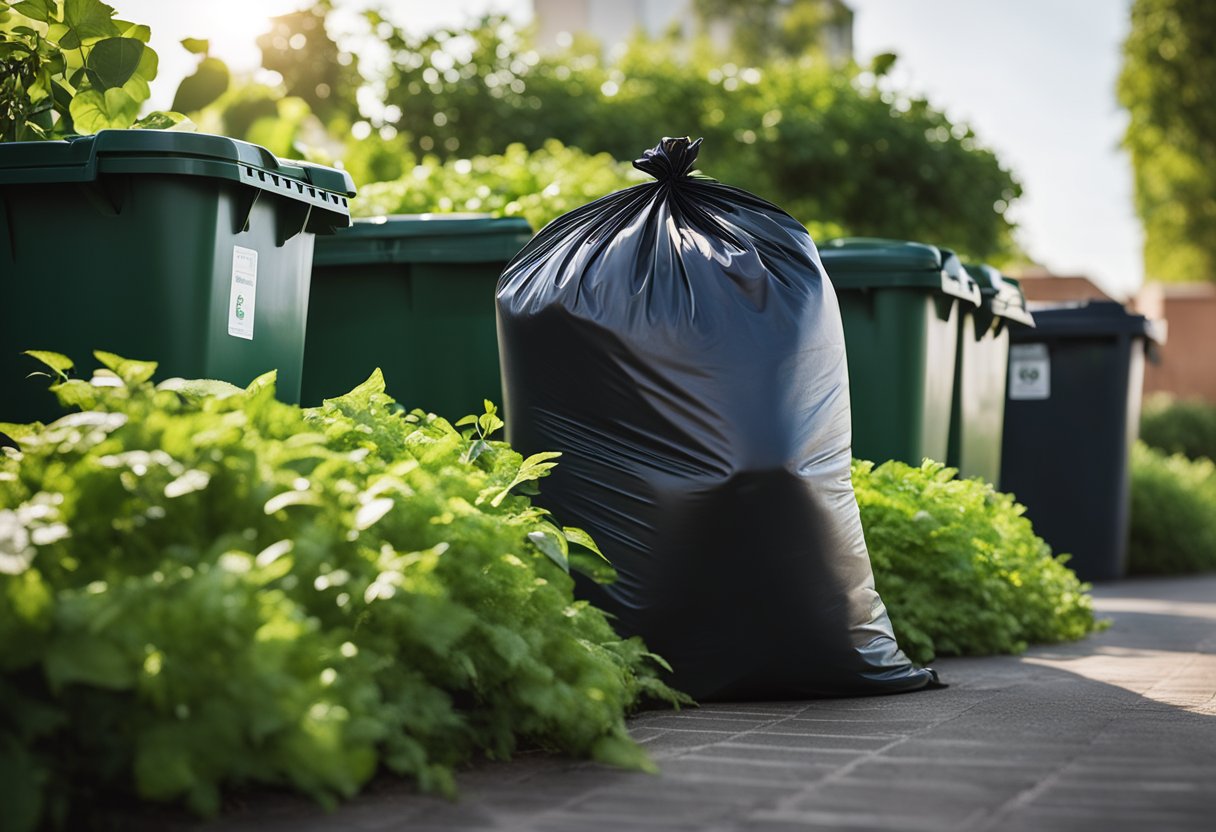 A compostable trash bag next to a recycling bin, with green plants in the background. The compostable trash bag is an example of sustainable alternatives.