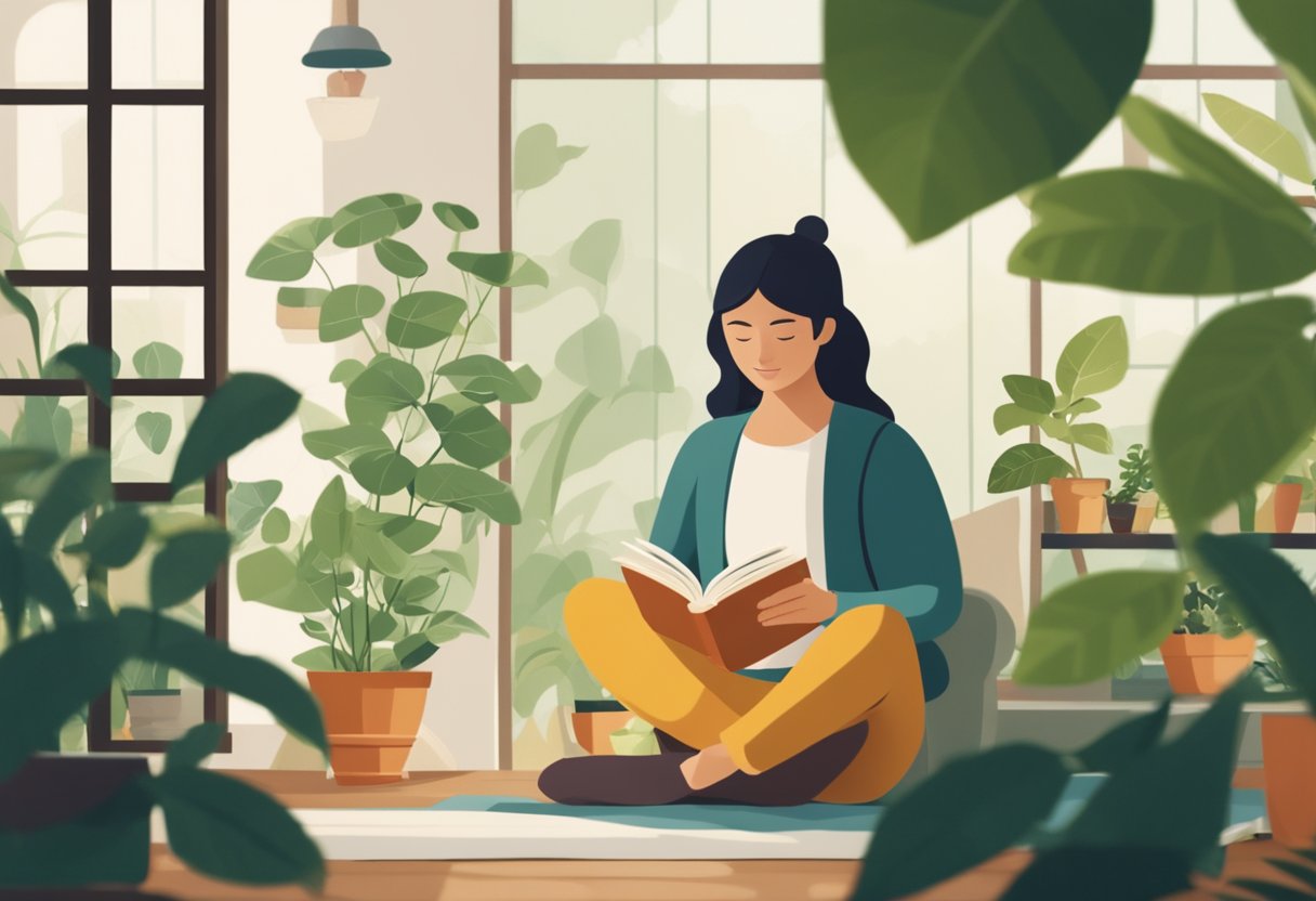 A person sitting in a cozy room, surrounded by plants and natural light, savoring a cup of tea or coffee while reading a book and practicing a mindful activity like meditation