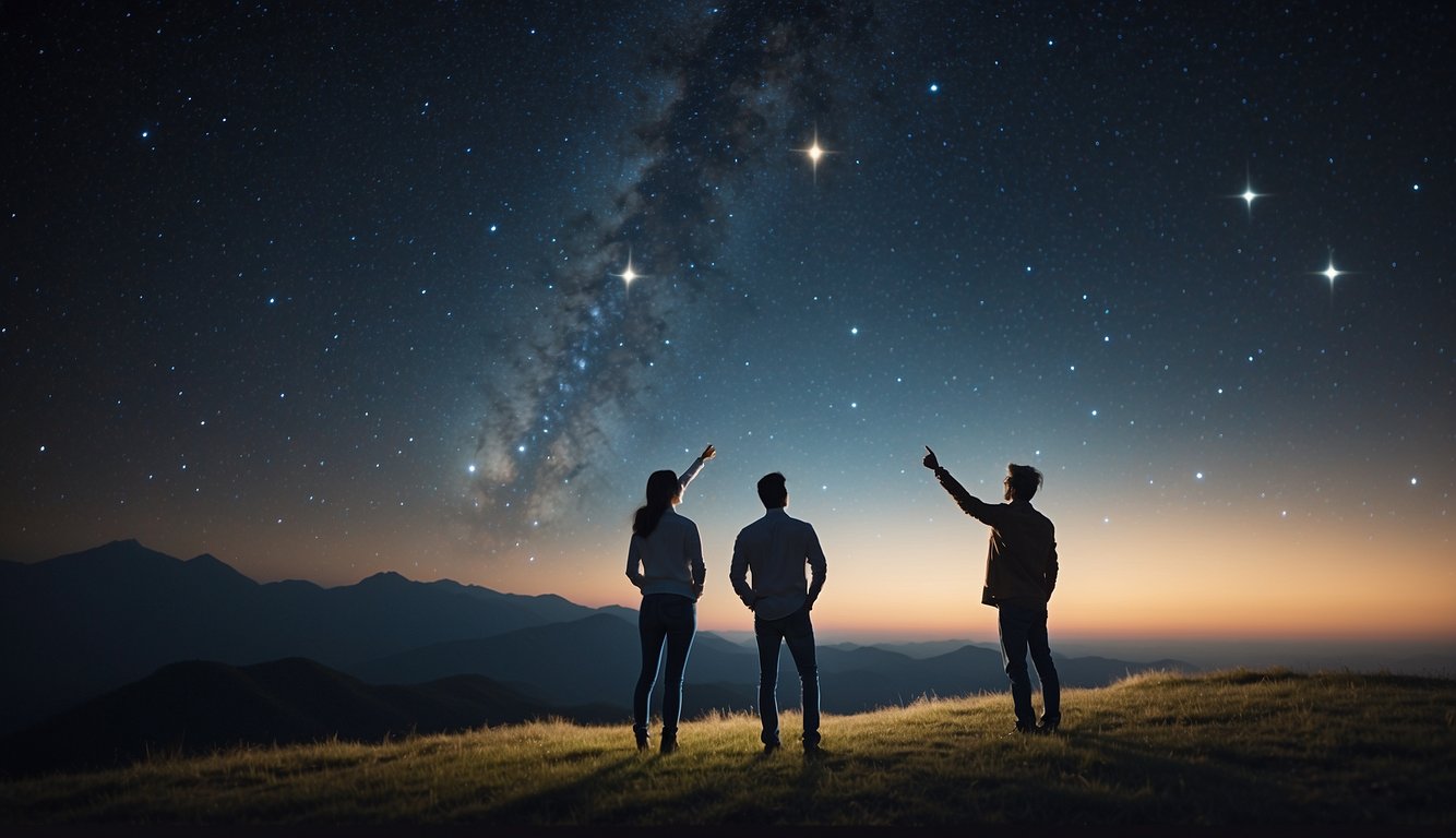Two figures under a starry sky, one pointing to a constellation while the other looks on with curiosity and interest