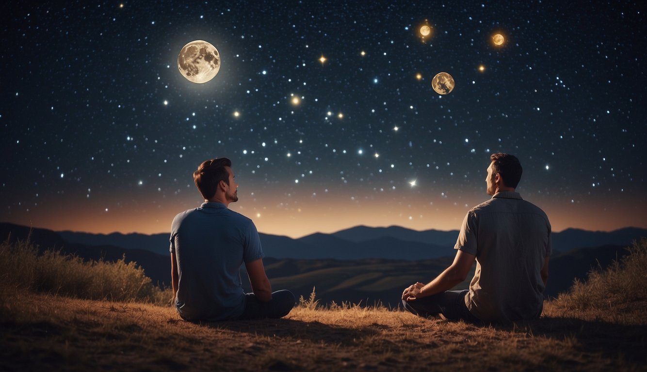 A couple sits under a starry night sky, surrounded by astrological symbols. The moon and planets shine brightly, casting a romantic glow