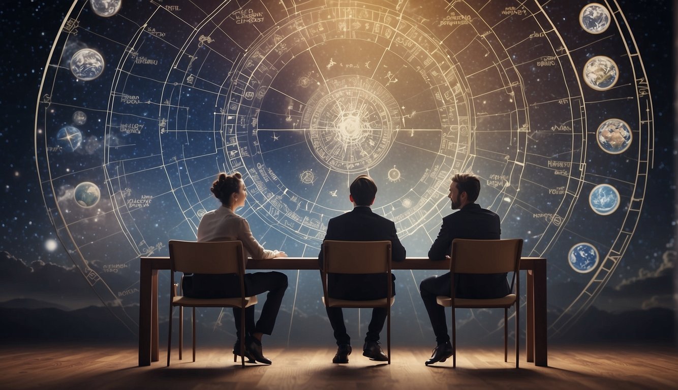Two people sit opposite each other, surrounded by zodiac symbols. A chart is laid out between them, and they are discussing their astrological compatibility