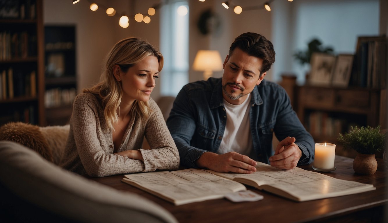 A couple sits in a cozy living room, surrounded by astrological charts and books. They engage in deep conversation, exploring the impact of astrology on their romantic relationship