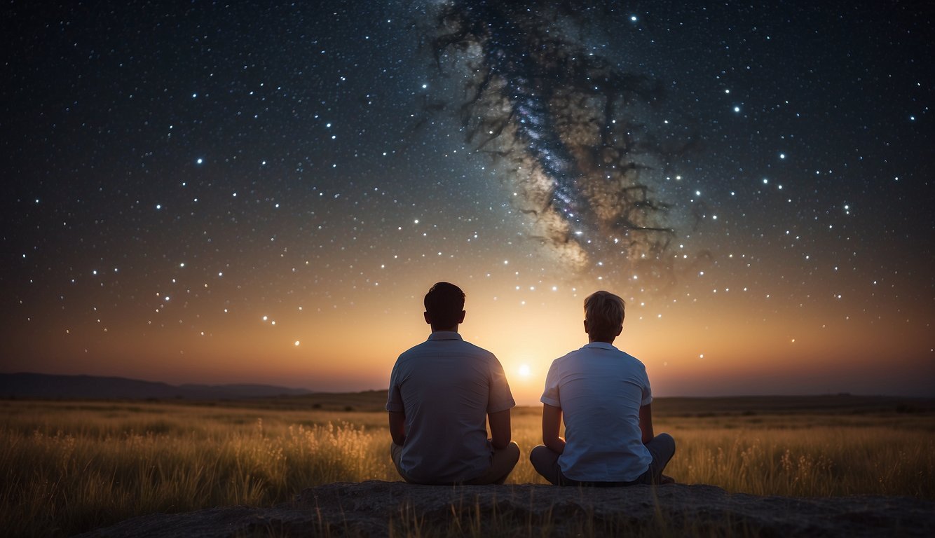 A couple gazes at the stars, seeking guidance on love and compatibility. Astrology charts and symbols surround them, reflecting their search for insight into their romantic relationship