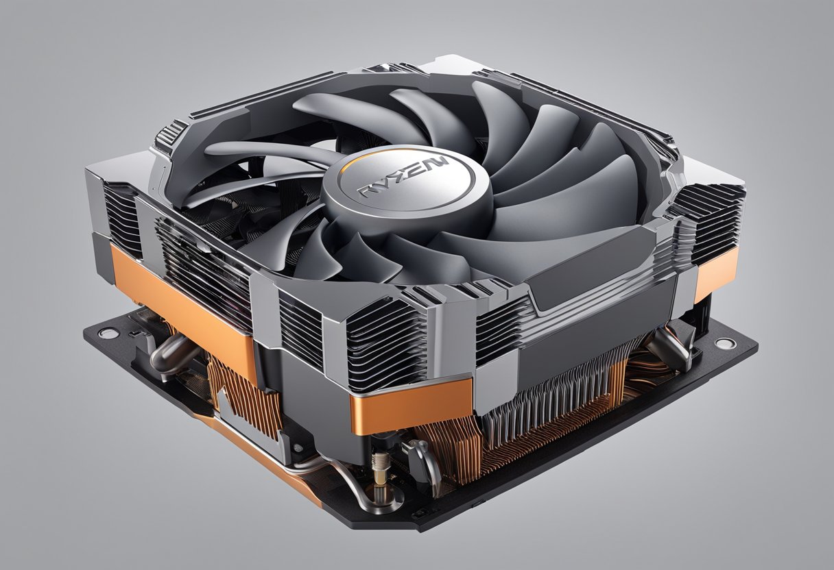 A CPU cooler sits on top of a Ryzen 3 Pro 5350G processor, dissipating heat with its fan and heat sink