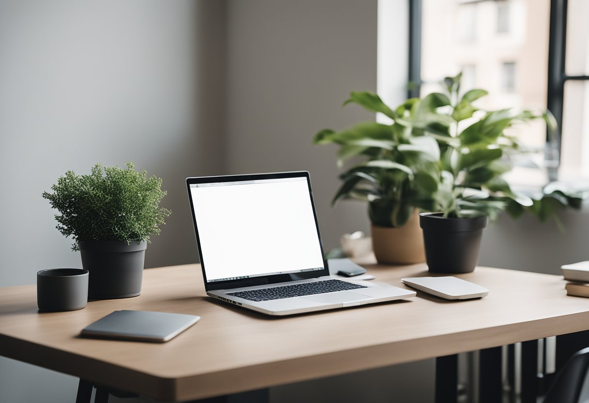 A serene workspace with a clutter-free desk, a single laptop, and a potted plant. Clean lines and a neutral color palette create a sense of calm and focus. Embracing digital minimalism.