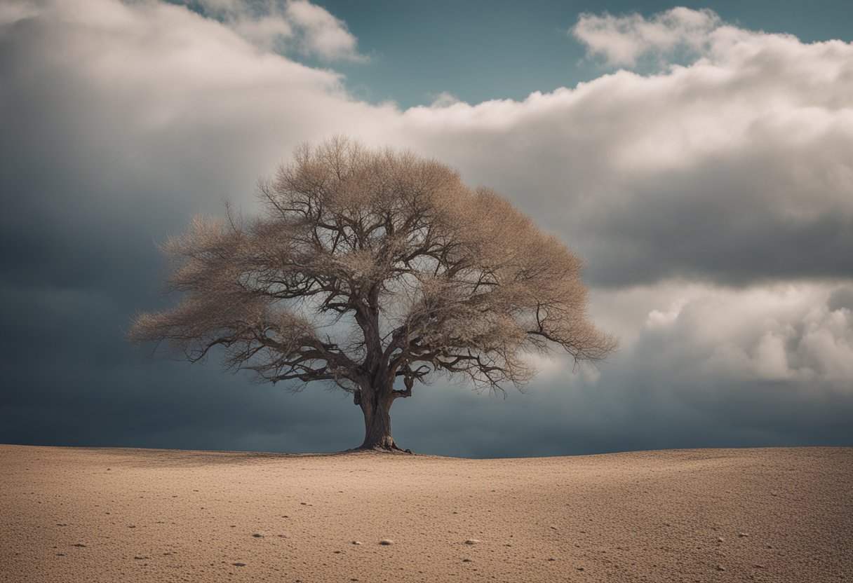 A lone tree stands tall amidst a barren landscape, symbolizing resilience and simplicity in the face of adversity