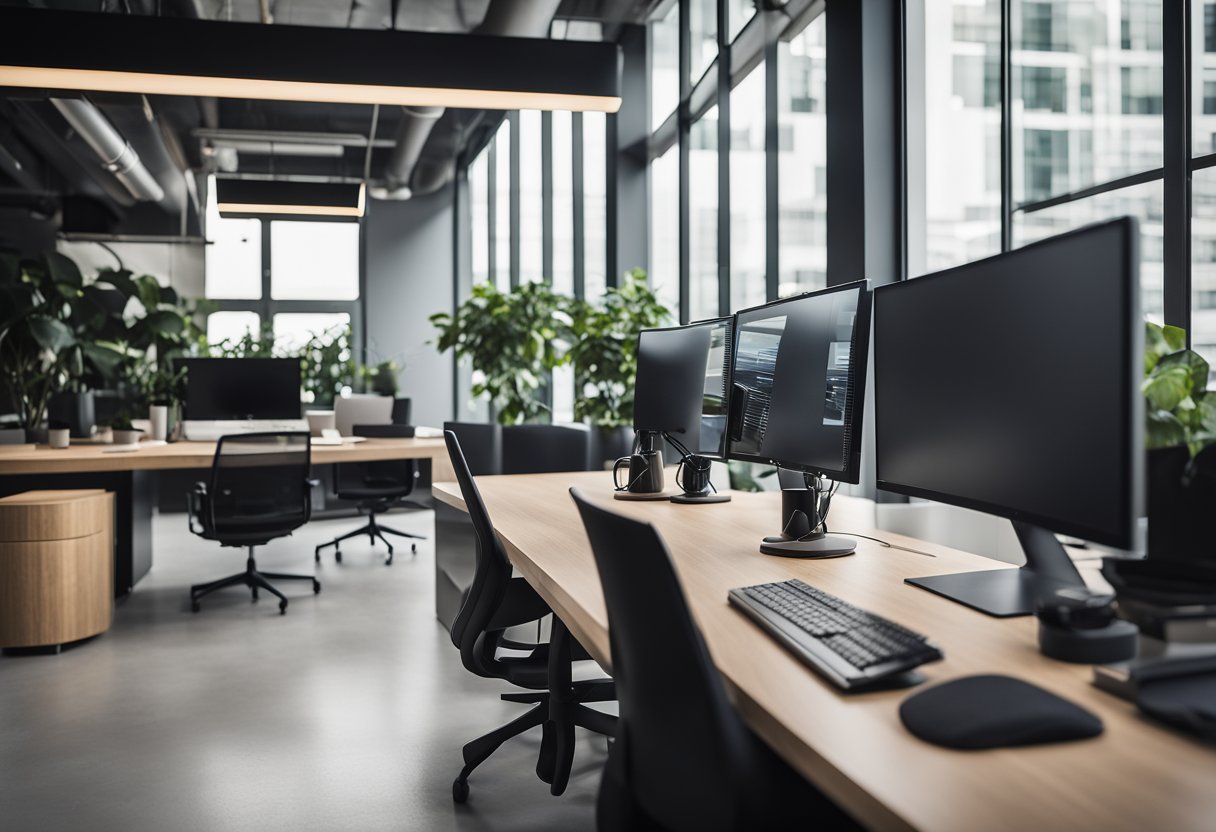 A sleek, modern workspace with clean lines and minimalistic decor, featuring cutting-edge technology and innovative design elements. Embracing digital minimalism.