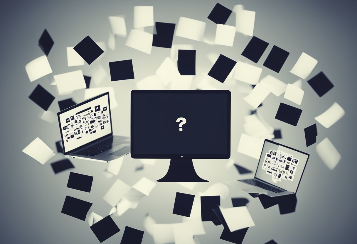 A laptop surrounded by question marks, with a minimalist background