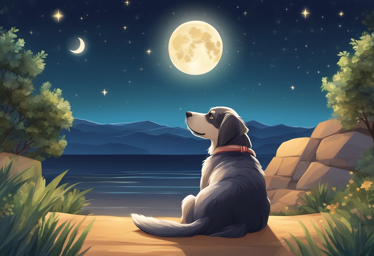 The night sky is filled with twinkling stars as a dog rests under a bright full moon on Shab e barat, during the dog days of summer