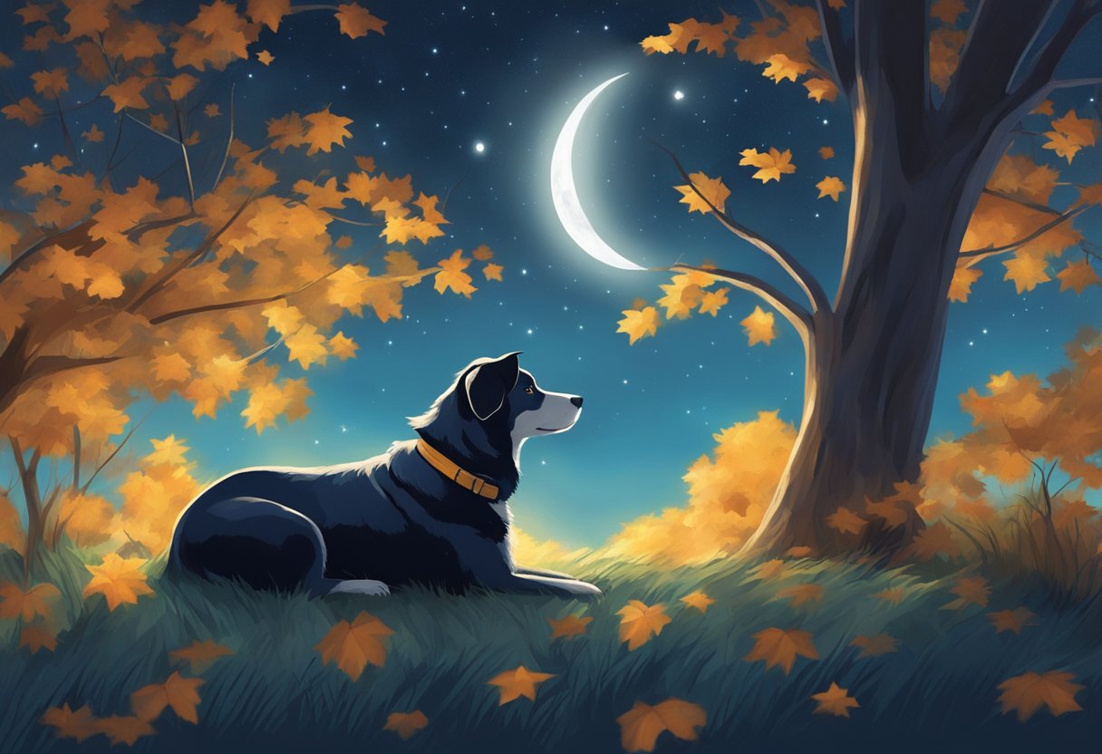 The night sky is filled with twinkling stars, as the moon shines brightly. A dog rests peacefully under a tree, while a gentle breeze rustles the leaves