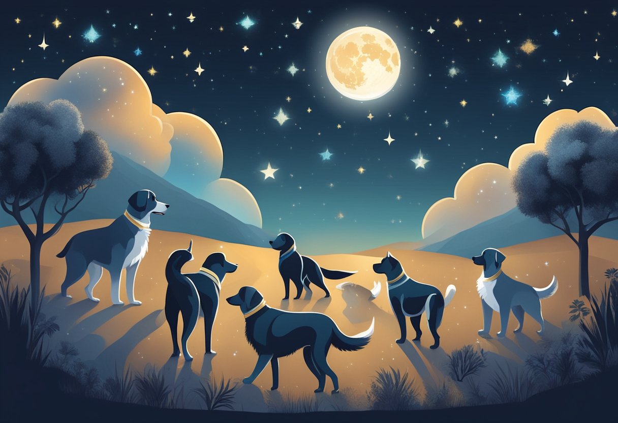 A group of dogs roam under the moonlit sky on Shab e Barat, with stars twinkling above and a sense of peace in the air