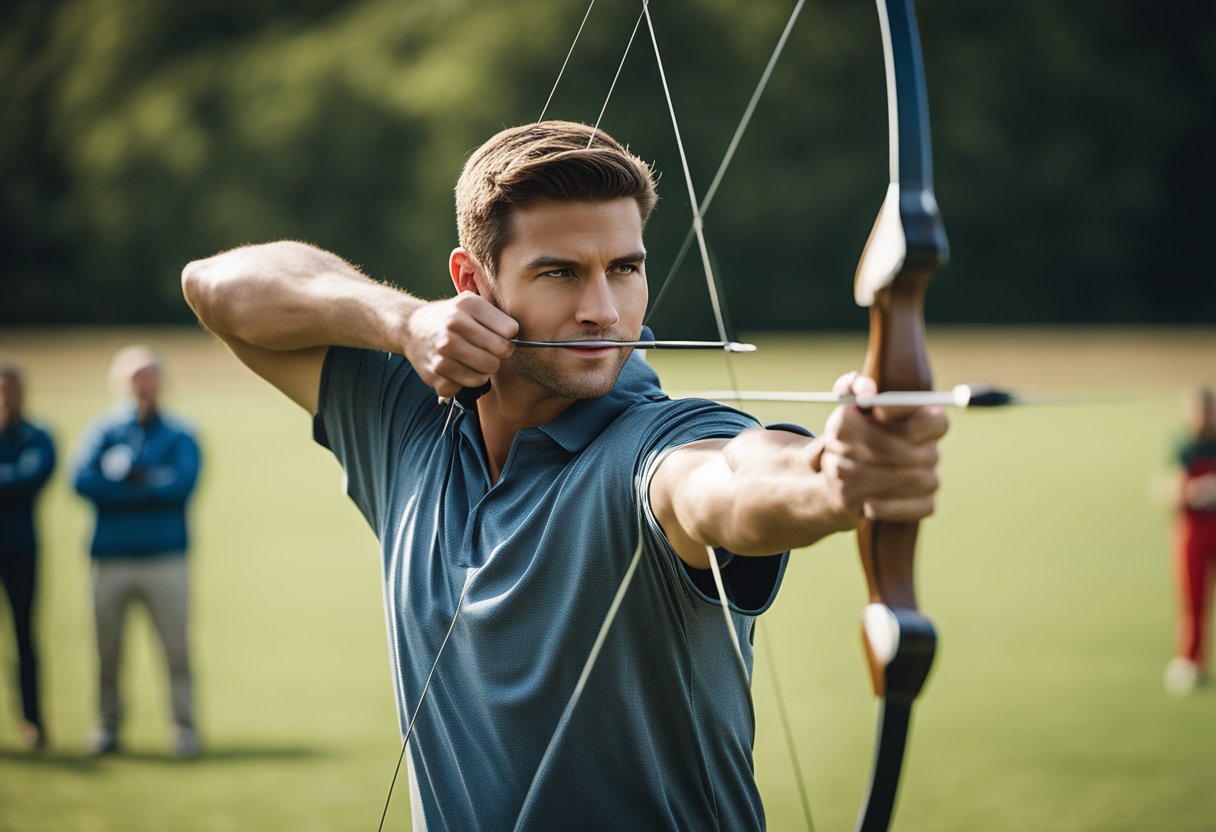 An archer draws back the bowstring, aiming at a distant target. Arrows are neatly lined up, ready for practice. A coach observes from the sidelines