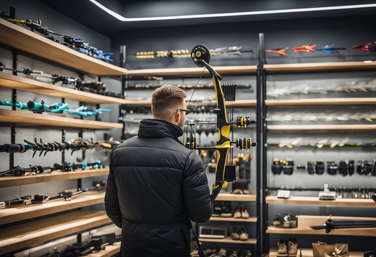 An archer carefully selects equipment at a specialized store. Arrows, bows, and accessories line the shelves, creating a colorful and organized display