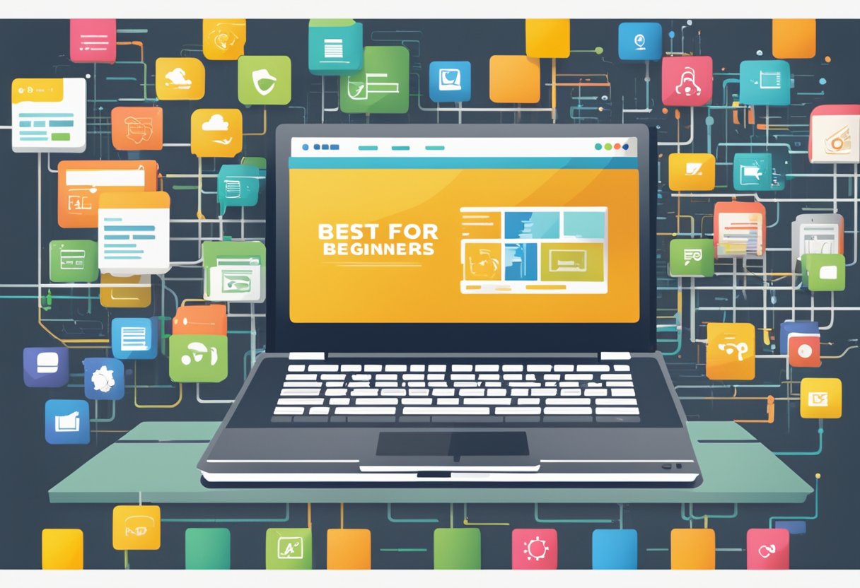 A laptop displaying top web hosting providers' logos with a "best for beginners" headline