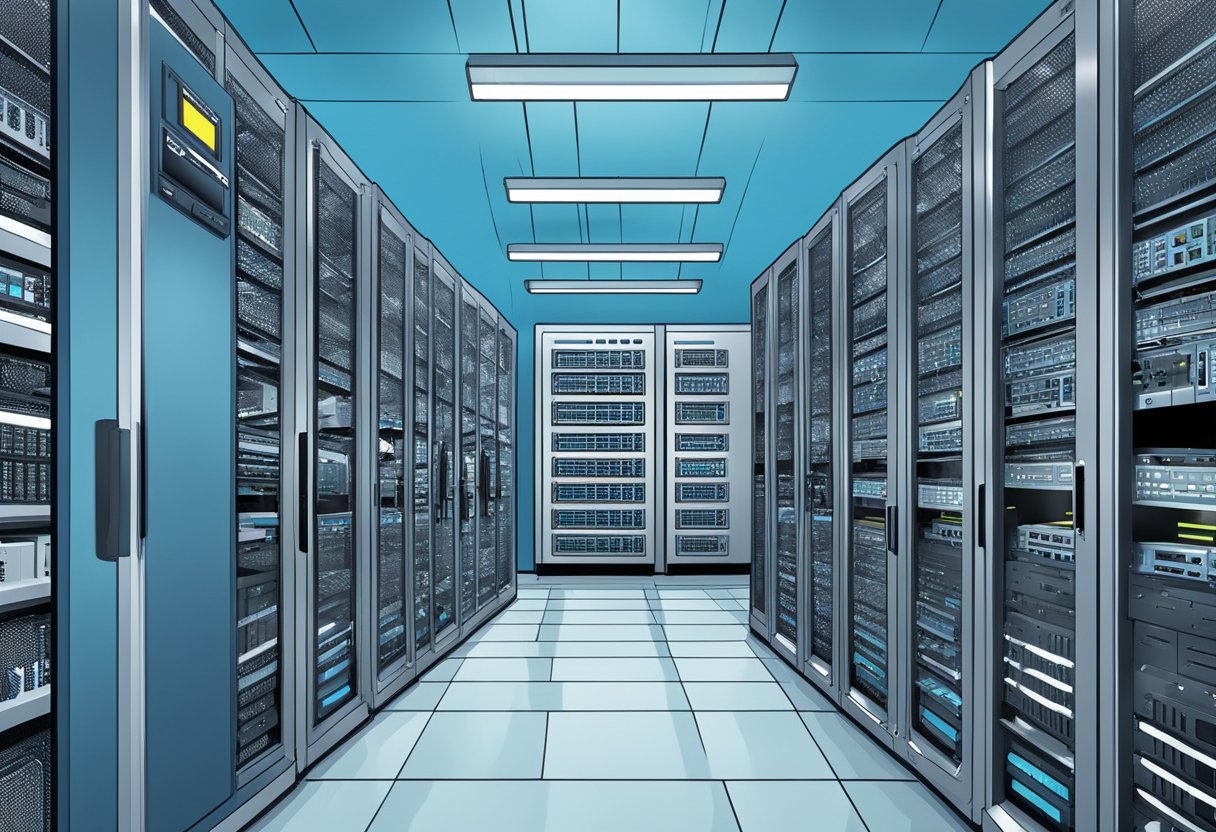 A server room with rows of neatly organized racks of equipment, brightly lit with a cool blue hue