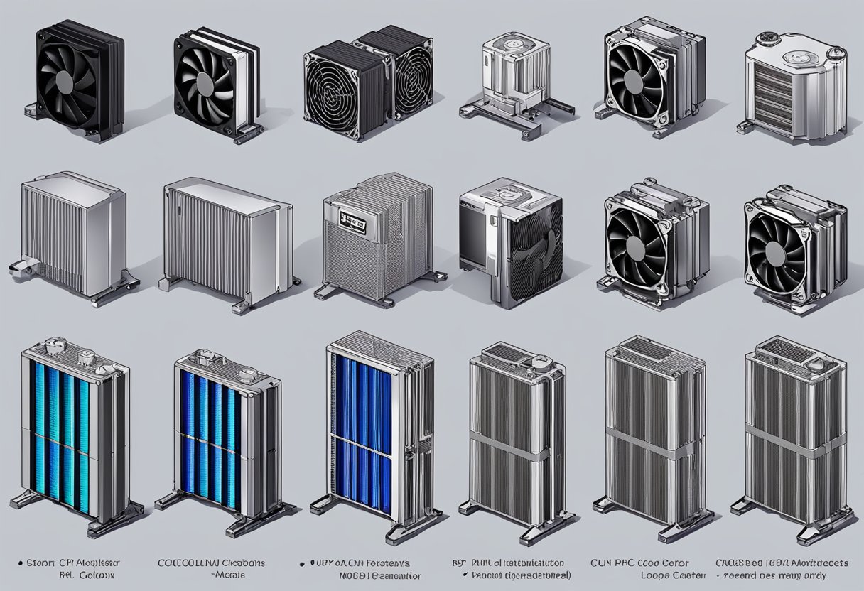 A variety of CPU coolers arranged on a table, including air, liquid, and fan types. Each cooler is labeled with its brand and model for easy identification
