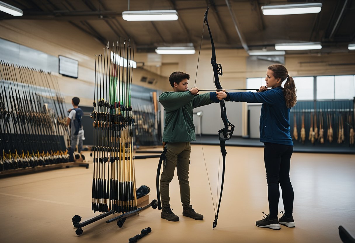 A 14-year-old selects a bow and arrows from a rack, while an instructor points to different types of equipment in an archery range