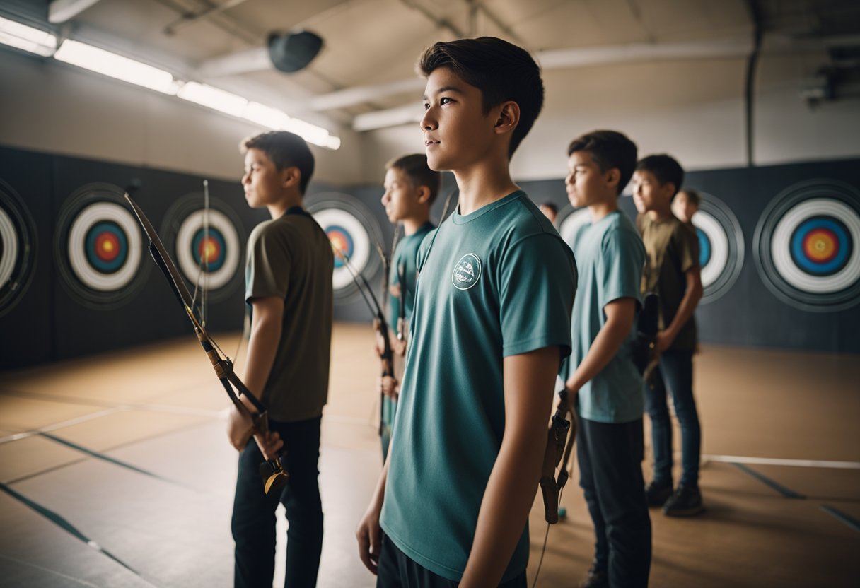 A group of young archers, aged around 14, are gathered in a spacious and well-lit indoor archery range. The room is filled with the sound of arrows hitting targets and the encouraging words of their instructor