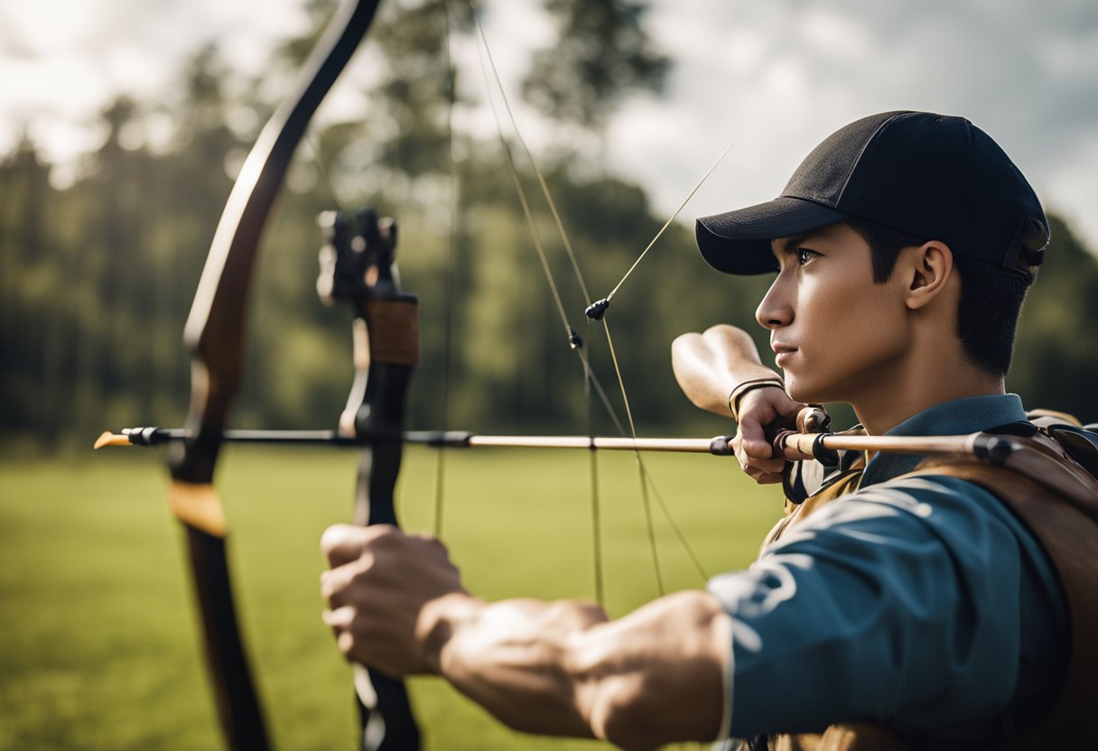 A young archer draws back the bowstring, focusing on the target ahead. Determination fills their expression as they aim and release the arrow, overcoming challenges with each shot