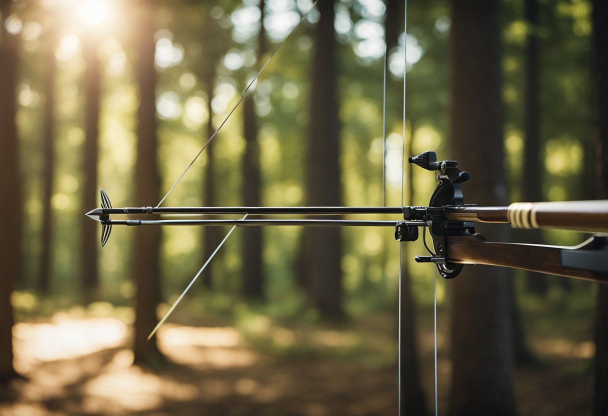 A bow and arrow are poised against a target, with arrows scattered around. The backdrop is a serene forest with sunlight filtering through the trees