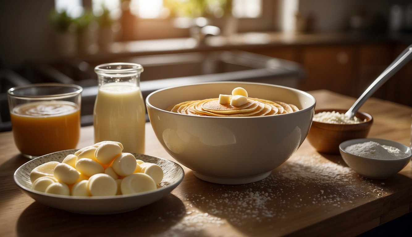 A bowl with pancake mix, a measuring cup of milk, and a whisk on a kitchen counter