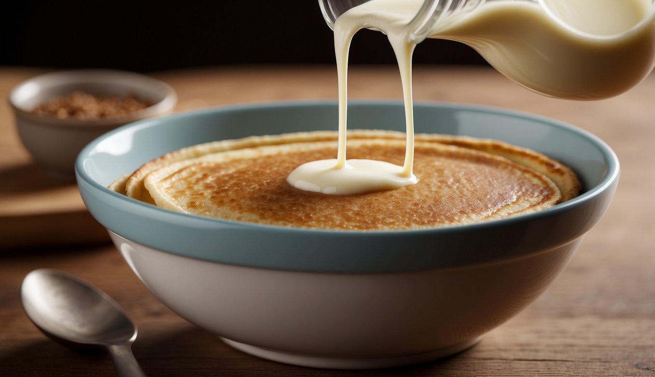 A single serving of Aunt Jemima pancake mix in a small mixing bowl, with a whisk and a splash of milk being poured into the bowl
